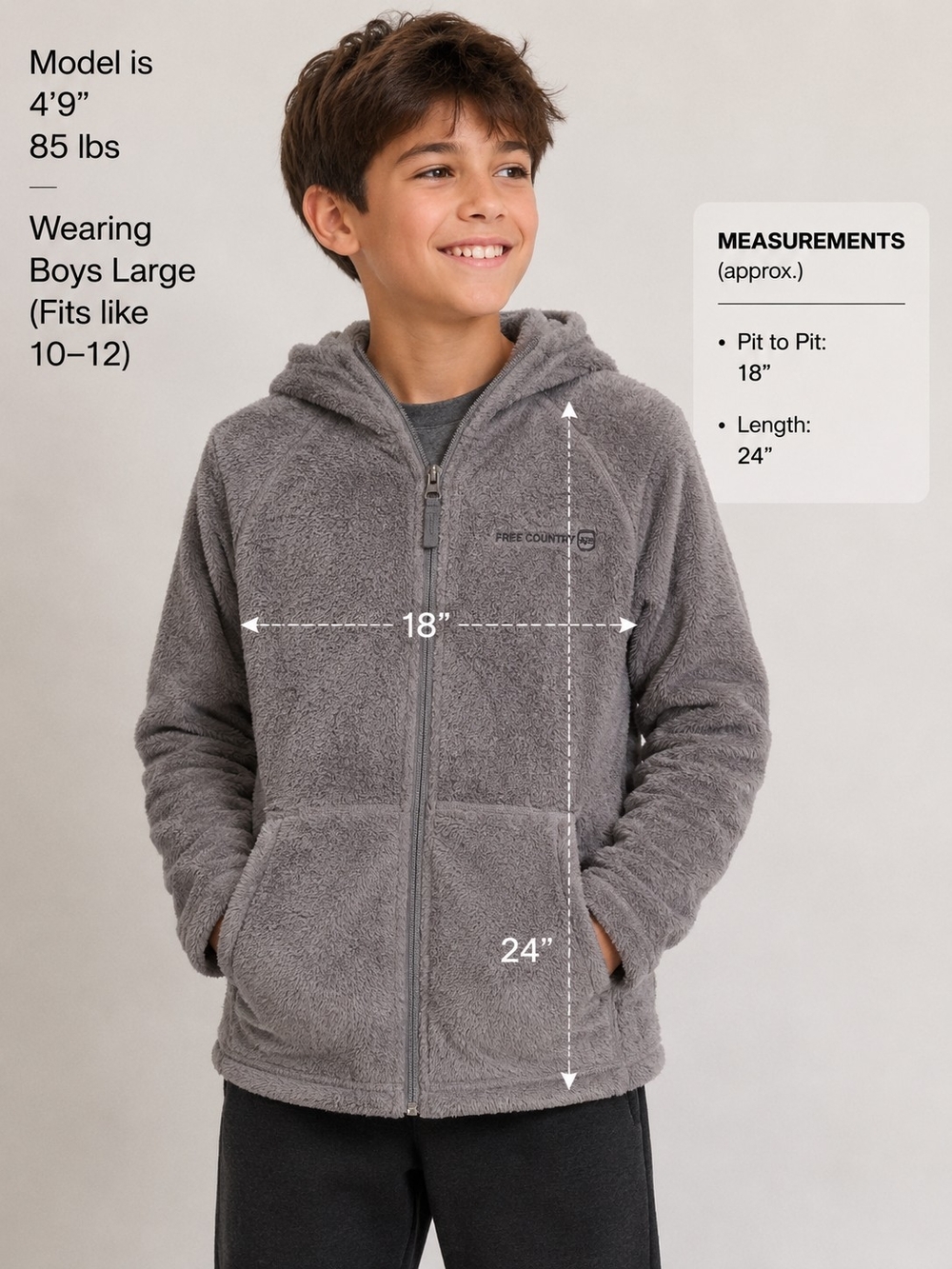 Free Country Youth L 10/12 Gray Plush Zip-Up Hoodie Jacket